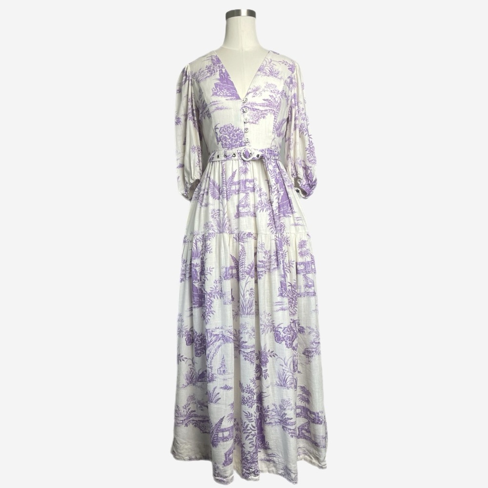 Nicholas Celie Floral Print Varley Toile Lavender linen maxi dress preppy 2